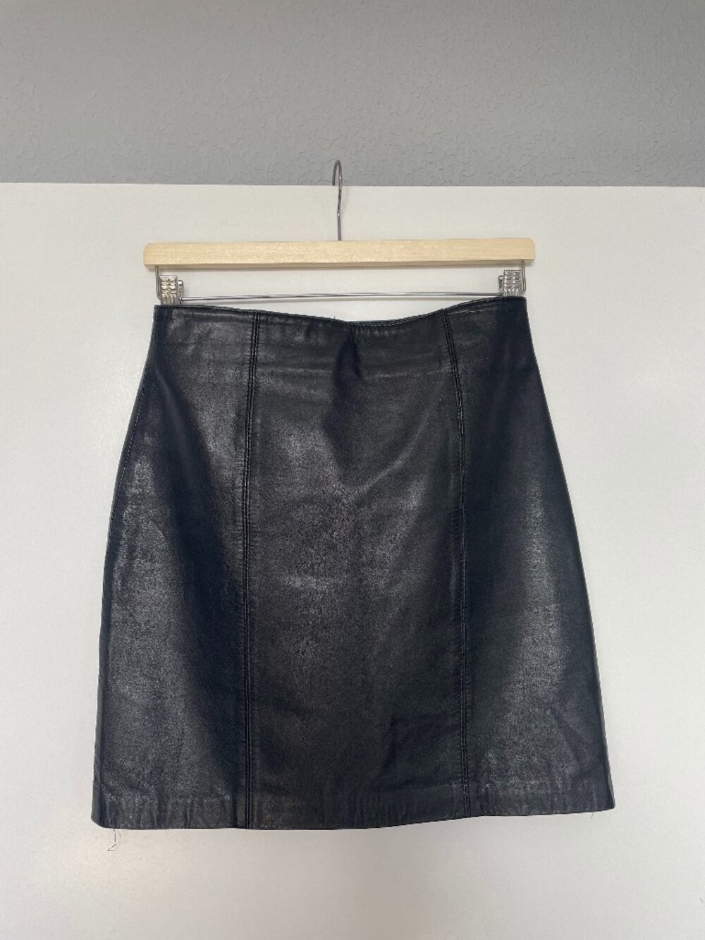 Vintage Black Genuine Leather A-Line Mini Skirt Paneled Back Zip